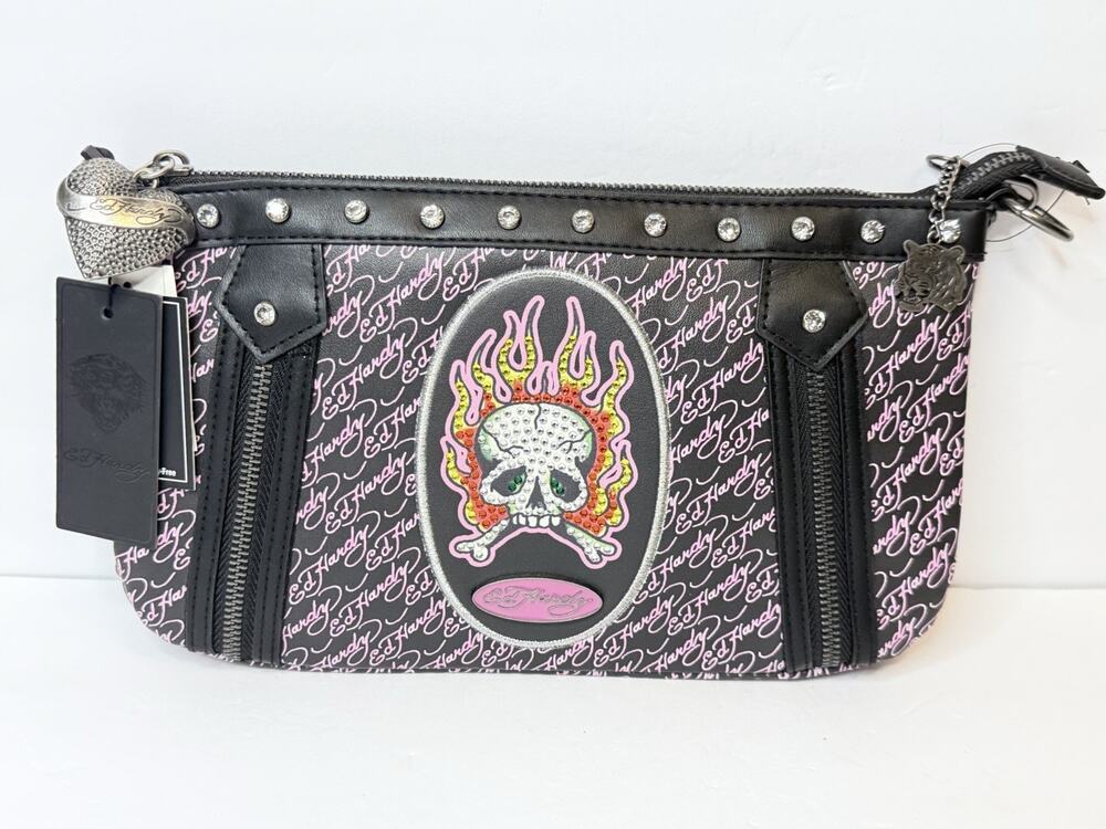 Ed Hardy Shoulder Bag Black Pink Skull Flames Tattoo & Rhinestons0